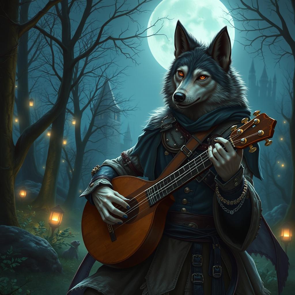 A werewolf bard in a mystical fantasy setting