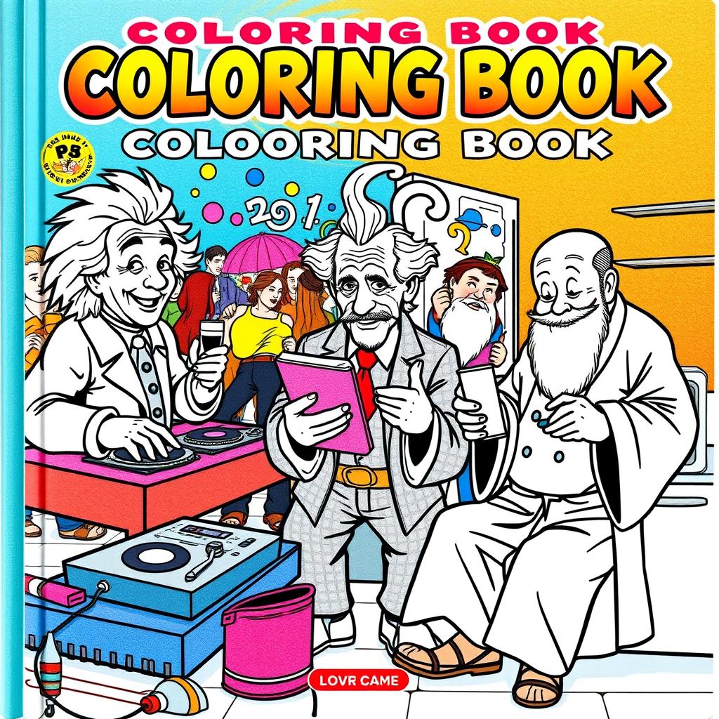 A vibrant and fun book cover for a coloring book featuring well-known historical figures in humorous and unexpected situations