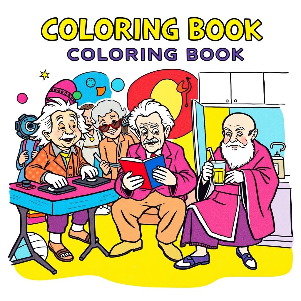 A vibrant and fun book cover for a coloring book featuring well-known historical figures in humorous and unexpected situations