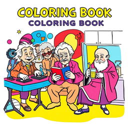 A vibrant and fun book cover for a coloring book featuring well-known historical figures in humorous and unexpected situations