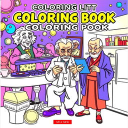 A vibrant and fun book cover for a coloring book featuring well-known historical figures in humorous and unexpected situations