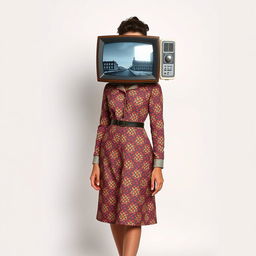 A full body view of a retro-style woman with a vintage television for a head