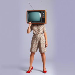 A full body view of a retro-style woman with a vintage television for a head