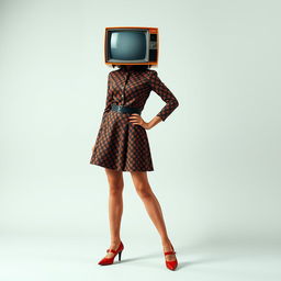 A full body view of a retro-style woman with a vintage television for a head