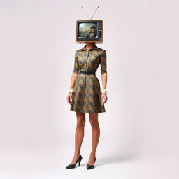 A full body view of a retro-style woman with a vintage television for a head