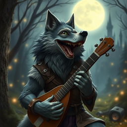 A werewolf bard in a mystical fantasy setting, smiling joyfully and singing a melodious tune