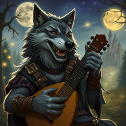 A werewolf bard in a mystical fantasy setting, smiling joyfully and singing a melodious tune