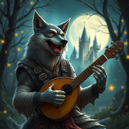 A werewolf bard in a mystical fantasy setting, smiling joyfully and singing a melodious tune