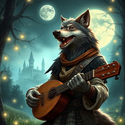 A werewolf bard in a mystical fantasy setting, smiling joyfully and singing a melodious tune