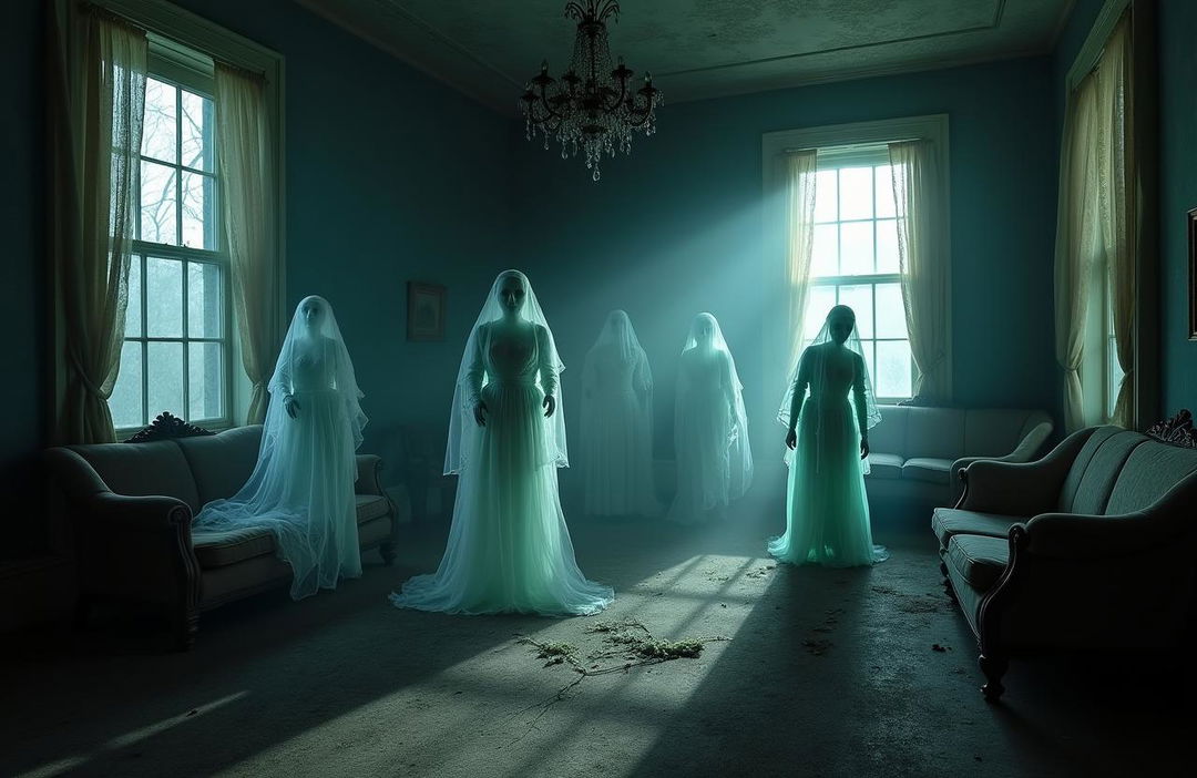 A captivating scene of ghostly apparitions captured in an old, abandoned mansion