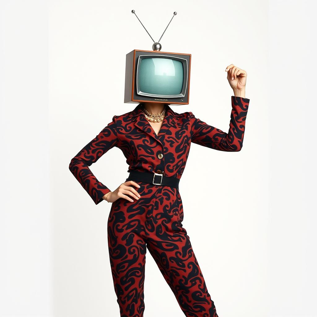 A full body view of a retro-style woman with a vintage television for a head, striking a confident and assertive pose reminiscent of professional fashion models