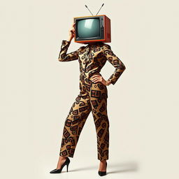 A full body view of a retro-style woman with a vintage television for a head, striking a confident and assertive pose reminiscent of professional fashion models