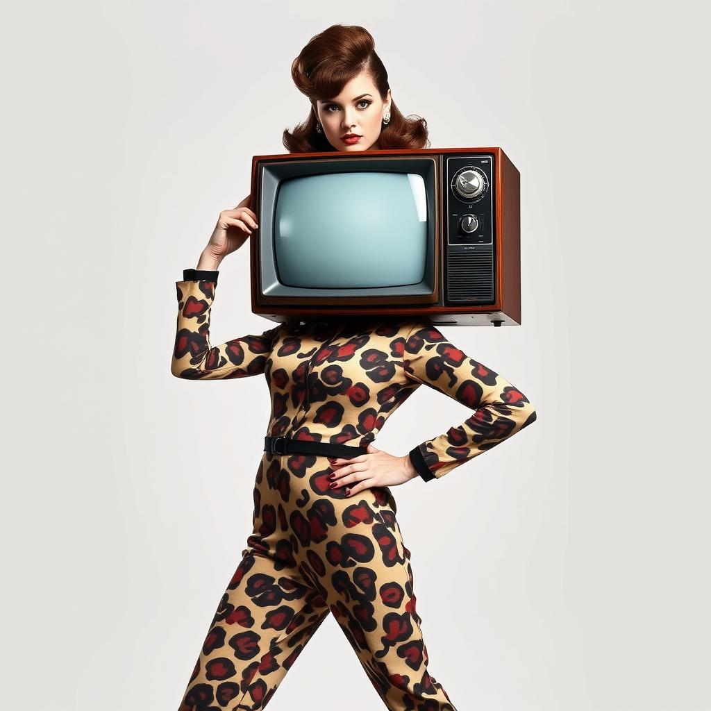 A full body view of a retro-style woman with a vintage television for a head, striking a confident and assertive pose reminiscent of professional fashion models