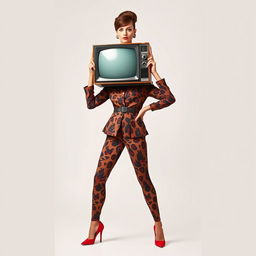 A full body view of a retro-style woman with a vintage television for a head, striking a confident and assertive pose reminiscent of professional fashion models