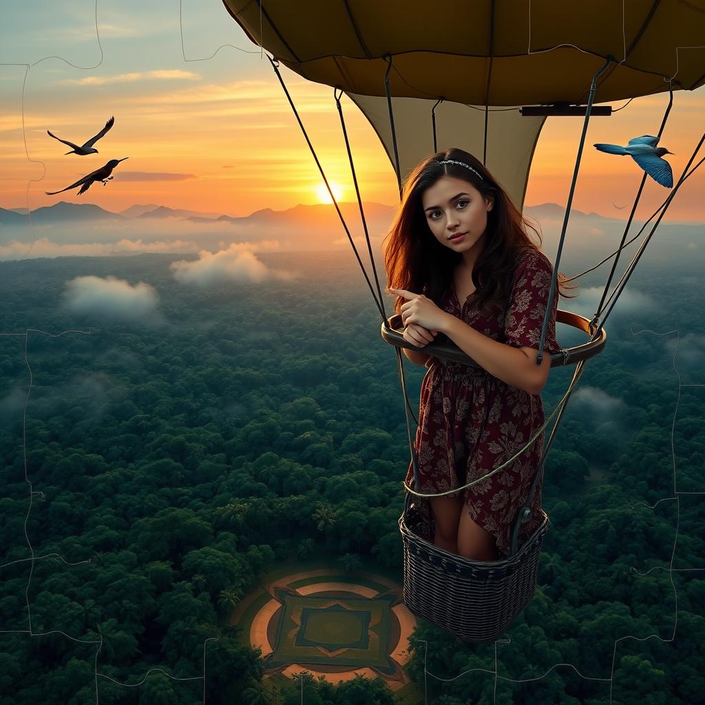 A teenage girl with brown hair, wearing an expression of wonder and determination, stands in the basket of a hot air balloon, floating above the vast Amazon rainforest