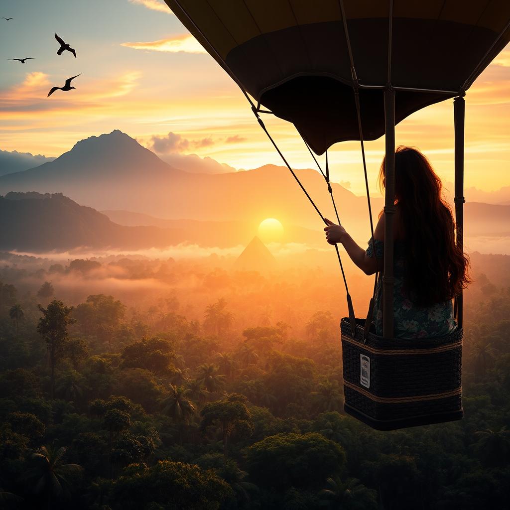 A teenage girl with brown hair, wearing an expression of wonder and determination, stands in the basket of a hot air balloon, floating above the vast Amazon rainforest