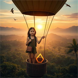 A teenage girl with brown hair, wearing an expression of wonder and determination, stands in the basket of a hot air balloon, floating above the vast Amazon rainforest