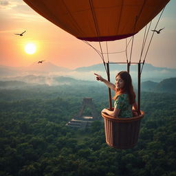 A teenage girl with brown hair, wearing an expression of wonder and determination, stands in the basket of a hot air balloon, floating above the vast Amazon rainforest