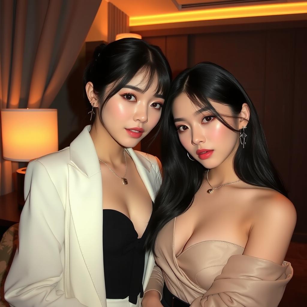 Two women with K-pop style allure in a secretive and intimate moment, inspired by the looks of Jennie and Lisa