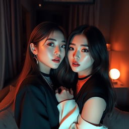 Two women with K-pop style allure in a secretive and intimate moment, inspired by the looks of Jennie and Lisa