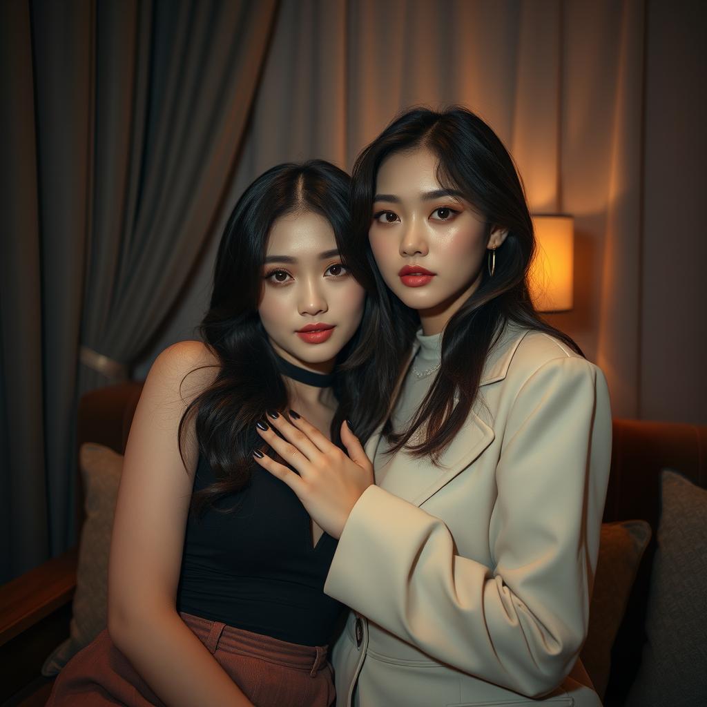 Two women with K-pop style allure in a secretive and intimate moment, inspired by the looks of Jennie and Lisa