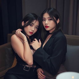 Two women with K-pop style allure in a secretive and intimate moment, inspired by the looks of Jennie and Lisa