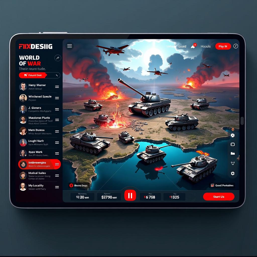 A stunning and immersive website prototype design for a tablet platform named "World of War", showcasing a dynamic and visually striking UI