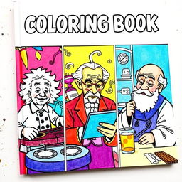 A vibrant and fun book cover for a coloring book featuring well-known historical figures in separate, humorous scenarios