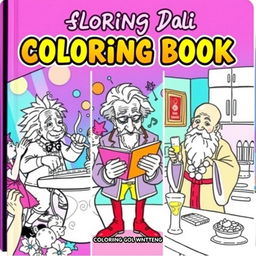 A vibrant and fun book cover for a coloring book featuring well-known historical figures in separate, humorous scenarios