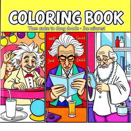 A vibrant and fun book cover for a coloring book featuring well-known historical figures in separate, humorous scenarios