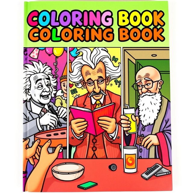 A vibrant and fun book cover for a coloring book featuring well-known historical figures in separate, humorous scenarios