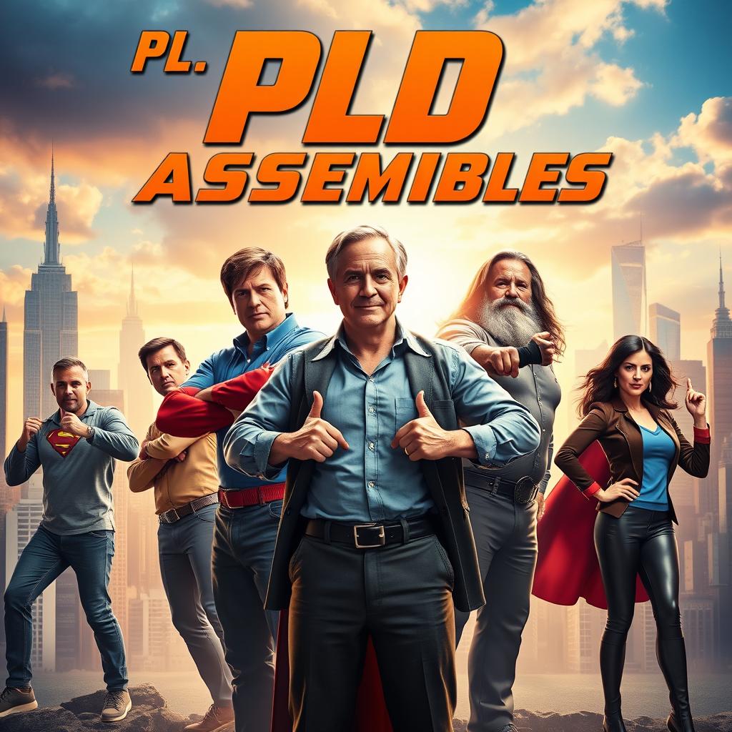 A stunning, high-quality superhero movie poster titled "PLD Assembles" showcasing the Skillable "Programs Lab Development" team with dynamic and heroic poses