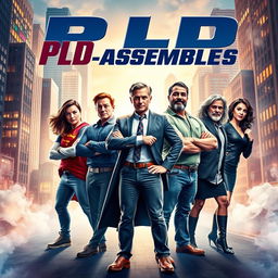 A stunning, high-quality superhero movie poster titled "PLD Assembles" showcasing the Skillable "Programs Lab Development" team with dynamic and heroic poses