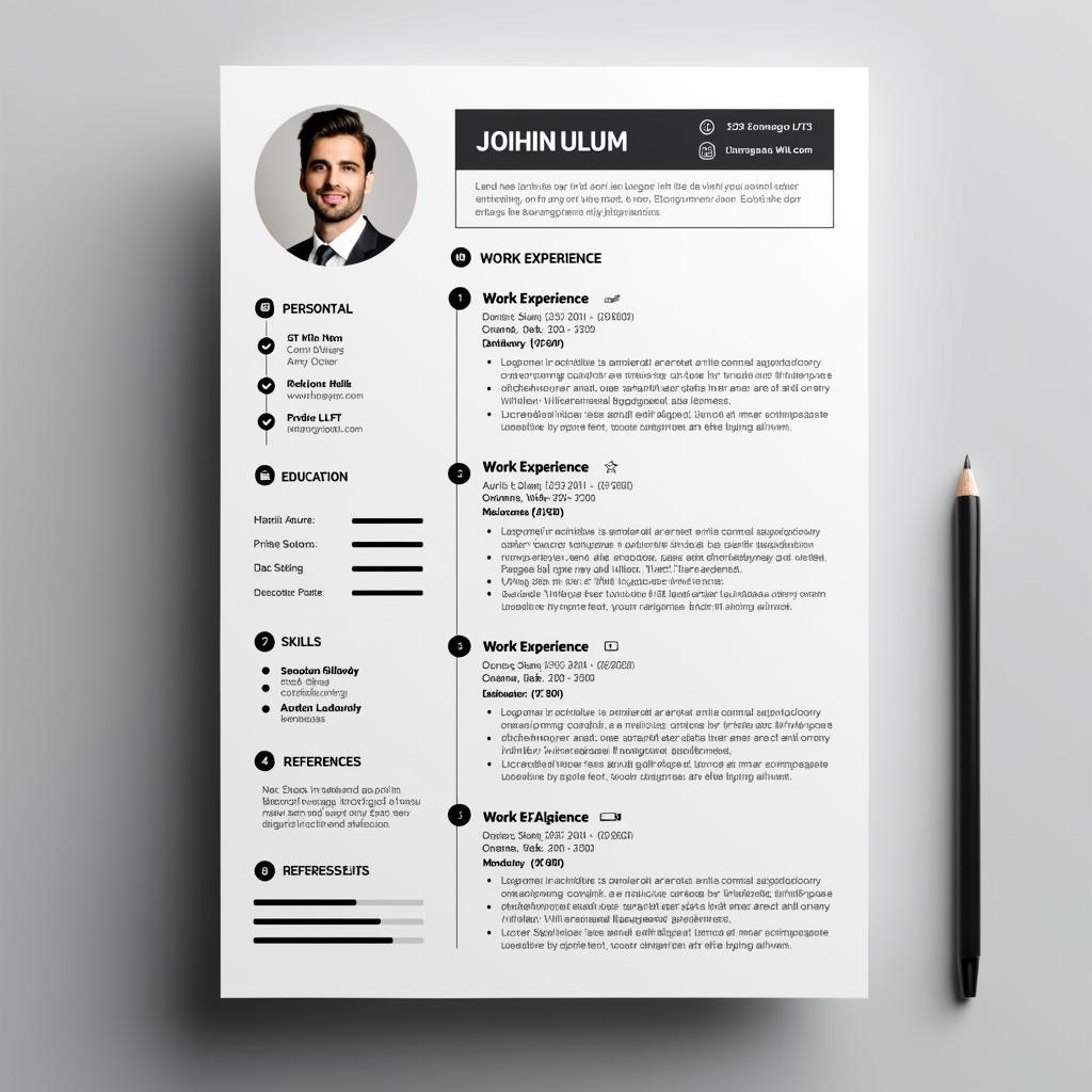 A clean and professional curriculum vitae layout with organized sections such as personal details, work experience, education, skills, and references