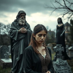 A poignant scene at a funeral where a sorrowful young woman, who just lost her husband, stands in mourning