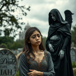 A poignant scene at a funeral where a sorrowful young woman, who just lost her husband, stands in mourning