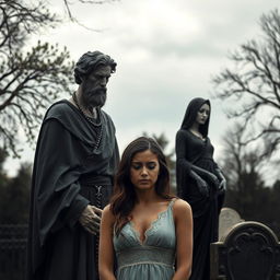 A poignant scene at a funeral where a sorrowful young woman, who just lost her husband, stands in mourning