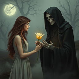 A young woman receiving a flower from a female anthropomorphic representation of Death