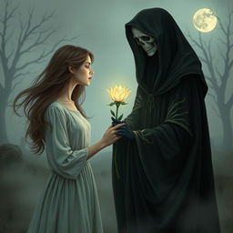 A young woman receiving a flower from a female anthropomorphic representation of Death