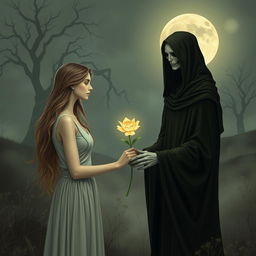 A young woman receiving a flower from a female anthropomorphic representation of Death