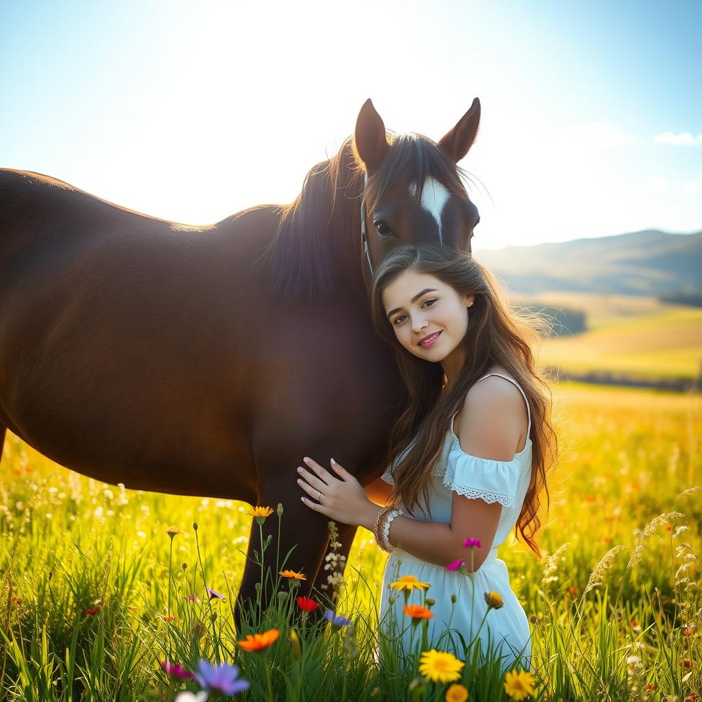 A young woman with a horse in a scenic field, showcasing an idyllic pastoral setting with soft, golden sunlight filtering through the trees