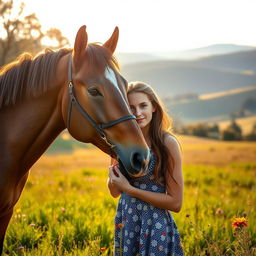 A young woman with a horse in a scenic field, showcasing an idyllic pastoral setting with soft, golden sunlight filtering through the trees