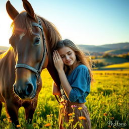 A young woman with a horse in a scenic field, showcasing an idyllic pastoral setting with soft, golden sunlight filtering through the trees