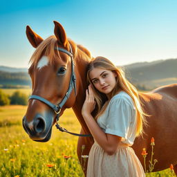 A young woman with a horse in a scenic field, showcasing an idyllic pastoral setting with soft, golden sunlight filtering through the trees