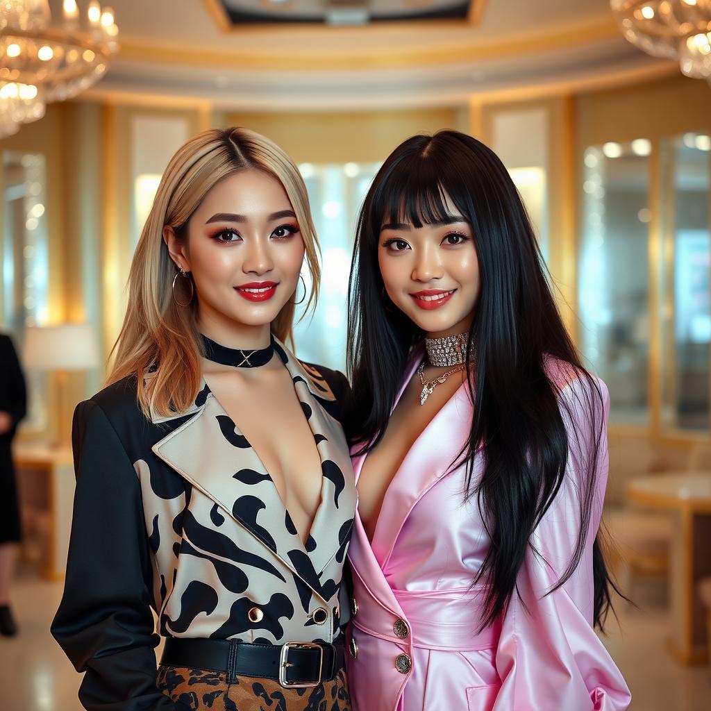 Lisa and Jennie, two stylish K-pop stars, posing together in a glamorous photoshoot