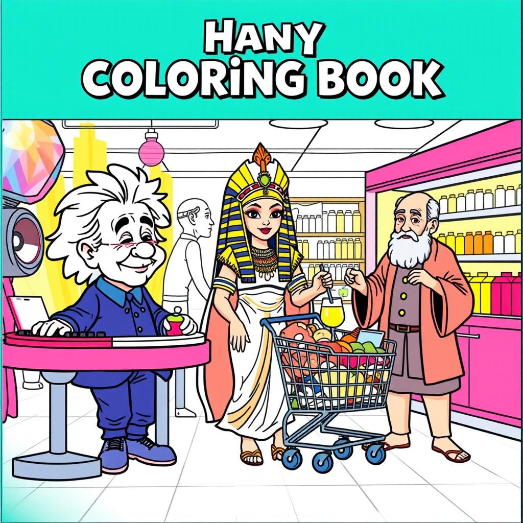 A vibrant and fun book cover for a coloring book showcasing well-known historical figures in amusing and creative scenarios