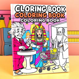 A vibrant and fun book cover for a coloring book showcasing well-known historical figures in amusing and creative scenarios