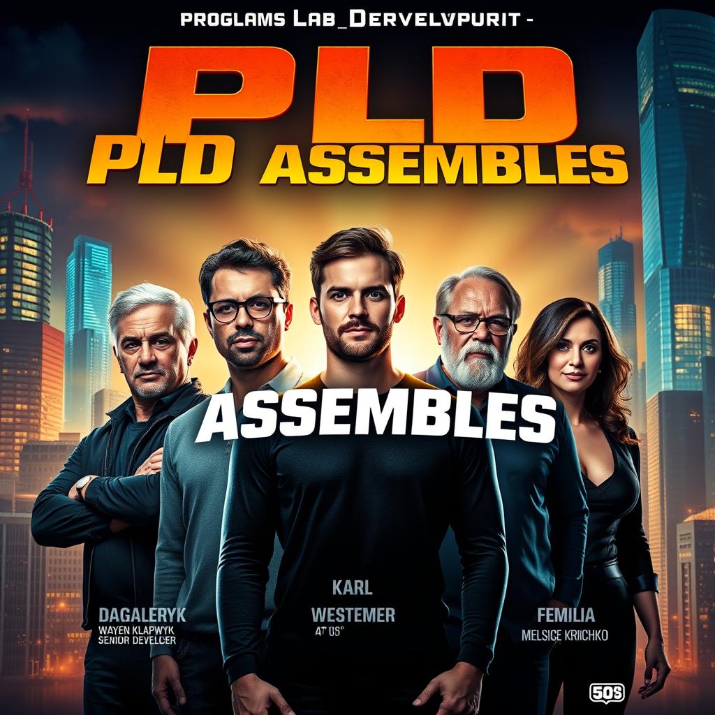 A stunning, high-quality superhero movie poster titled "PLD Assembles" featuring the Skillable "Programs Lab Development" team's five founding members with their names prominently displayed