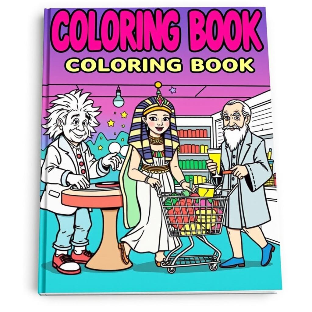 A vibrant and fun book cover for a coloring book showcasing well-known historical figures in amusing and creative scenarios