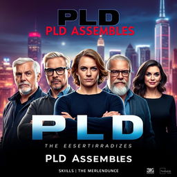 A stunning, high-quality superhero movie poster titled "PLD Assembles" featuring the Skillable "Programs Lab Development" team's five founding members with their names prominently displayed